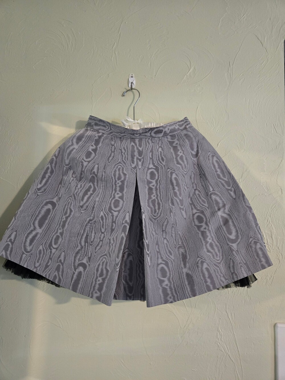 Gray Pleated Skirt with Wood Grain Pattern and Black Tulle underskirt, cocktail